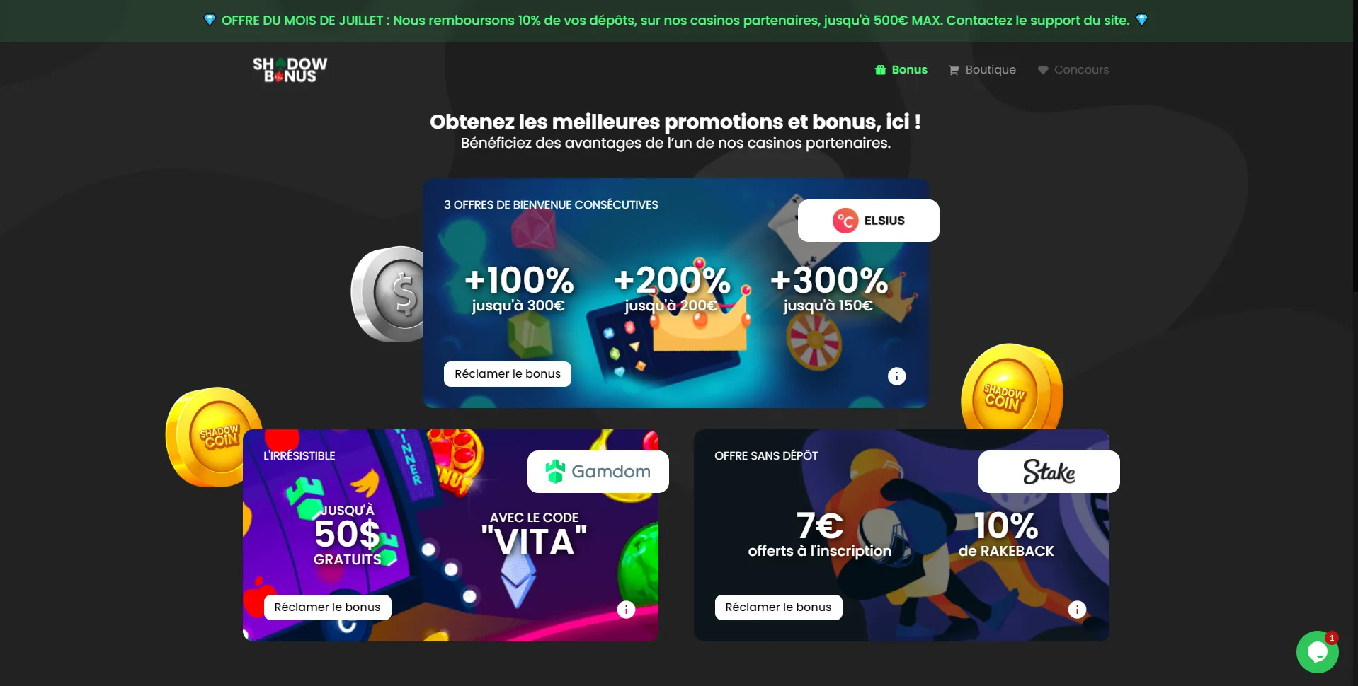 Page d'accueil présentant les offres partenaires